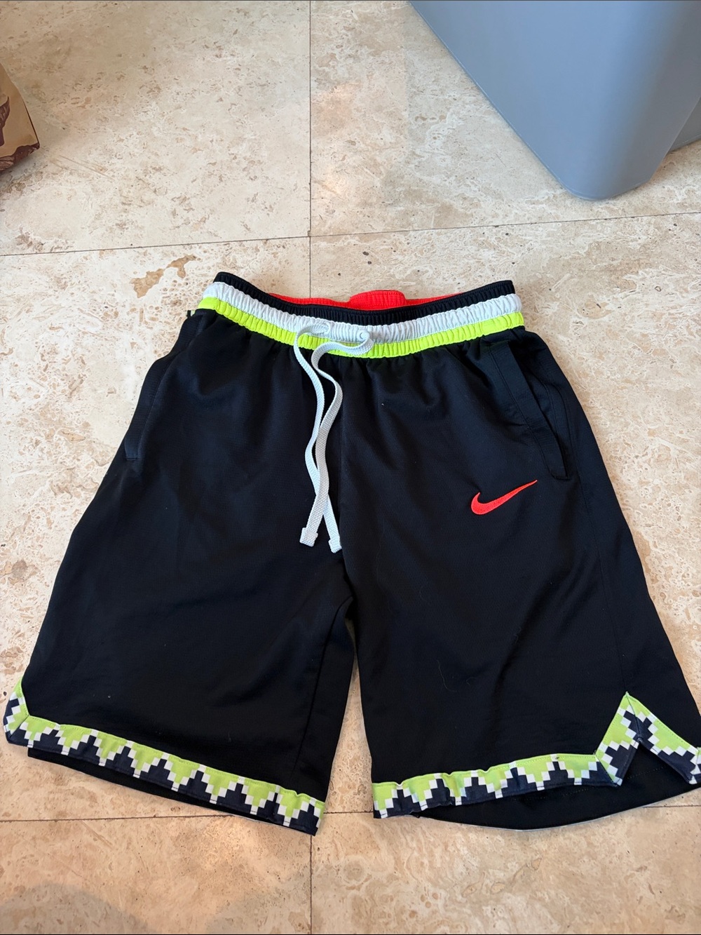 Nike Black Shorts with Neon Green Trim and Red Swoosh